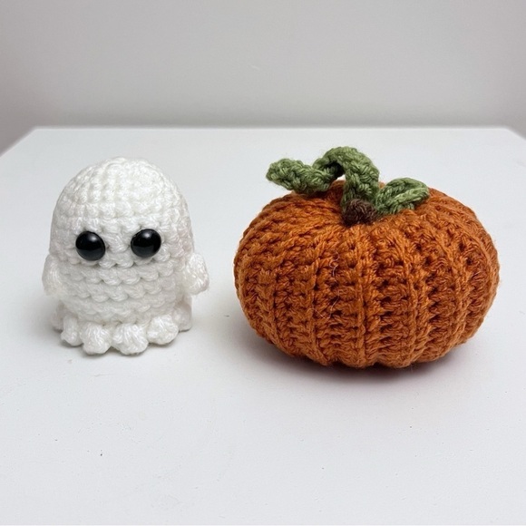 Handmade Halloween Crochet Ghost and Pumpkin Miniature Plushie Set - Picture 1 of 6